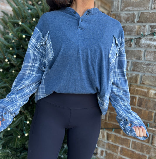 Blue Christmas Flannel Reworked Top, Blue Christmas Without You, Blue Christmas Flannel, Blue Flannel Upcycled Reworked Top, Upcycled Clothing, Reworked Clothing